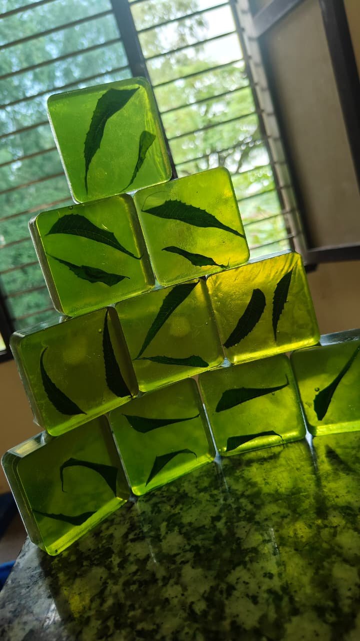 Close-up of translucent Naturoshift soap with real leaves