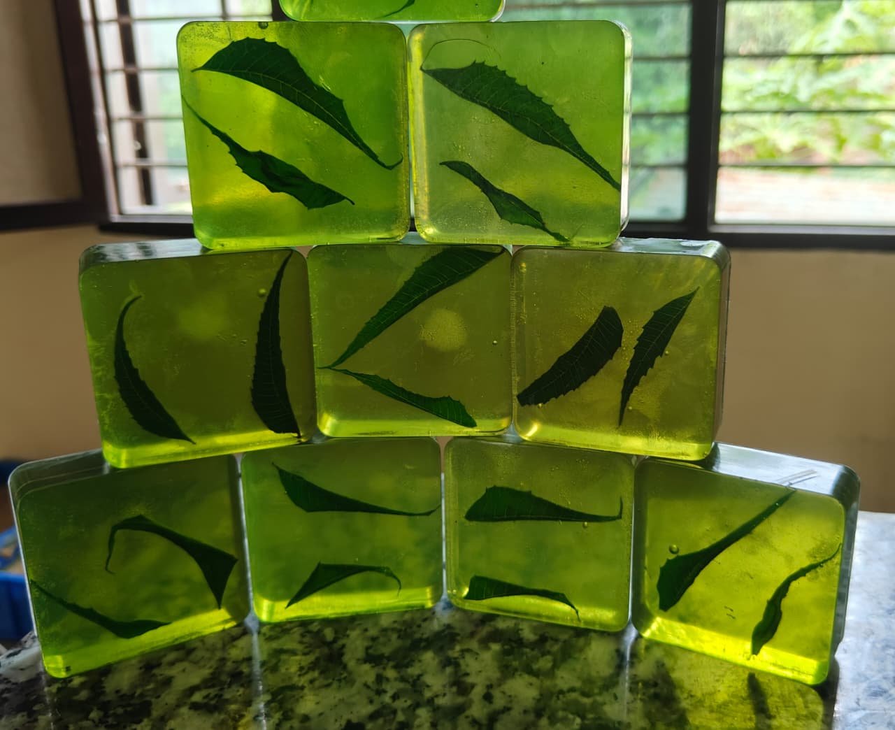 Naturoshift translucent handmade soaps with visible leaves